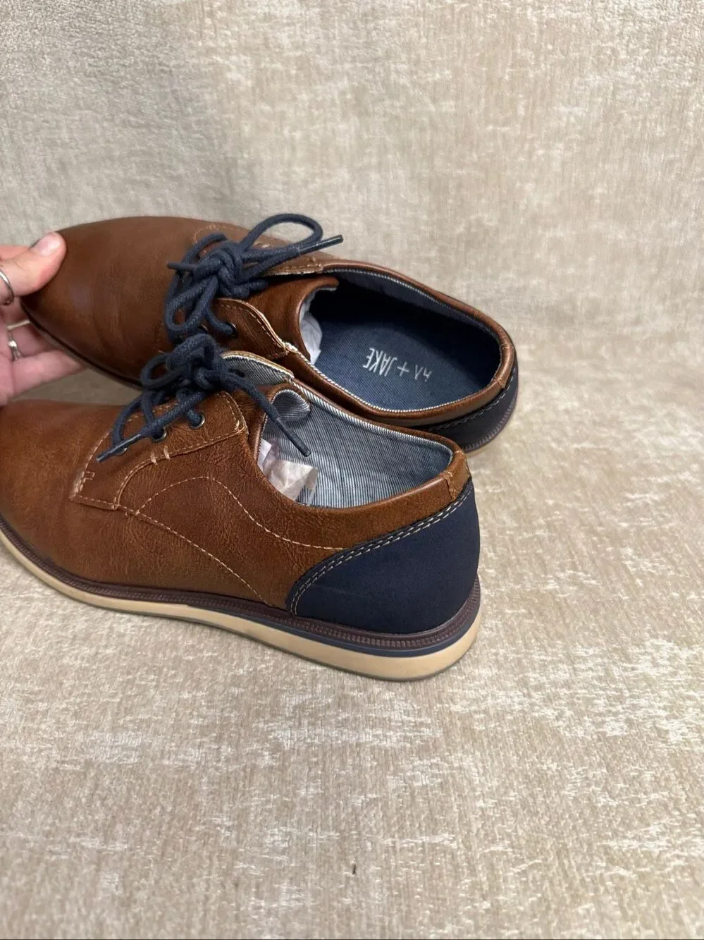 Max + Jake Boys Faux Leather Oliver Oxford Dress Shoes Cognac Brown Navy Size 6M